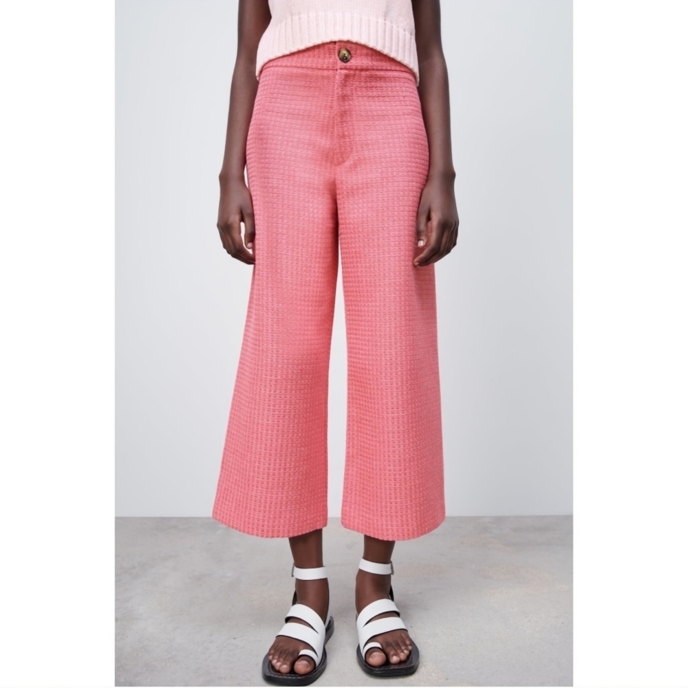 Zara Cropped Fit Tweed Textured Wide Leg Pants Pink Size Medium - Picture 2 of 10